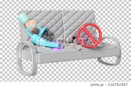 3d hand holding vacuum cleaner on sofa with warning sign isolated. concept of cleaning dust mites, bacteria, germs with ultraviolet light, 3d illustration render 116762887