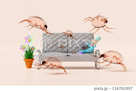 3d hand holding vacuum cleaner on sofa isolated on pink background. concept of cleaning dust mites, bacteria, germs with ultraviolet light, 3d illustration render 116762897