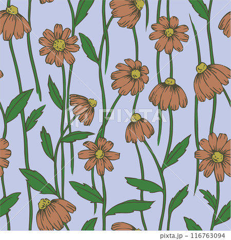 seamless pattern with daisies flowers on a blue background. vintage style print, 70s colors seamless pattern with daisies flowers on a blue background. vintage style print, 70s colors 116763094