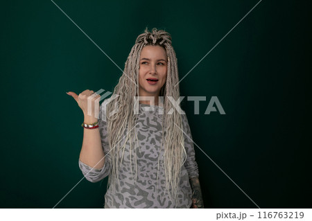 Woman With Long Hair Wearing Grey Top 116763219