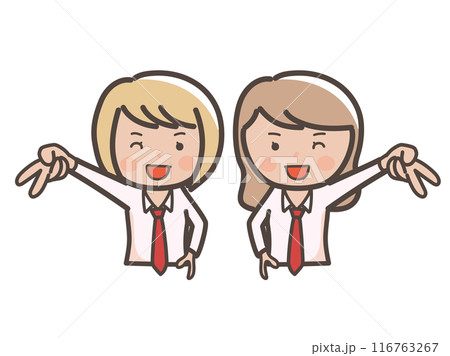 笑顔でギャルピースをするかわいいコギャル風女子高生2人の上半身イラスト.ai 116763267