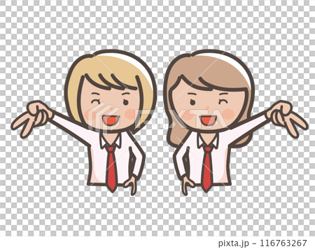 笑顔でギャルピースをするかわいいコギャル風女子高生2人の上半身イラスト.ai 116763267