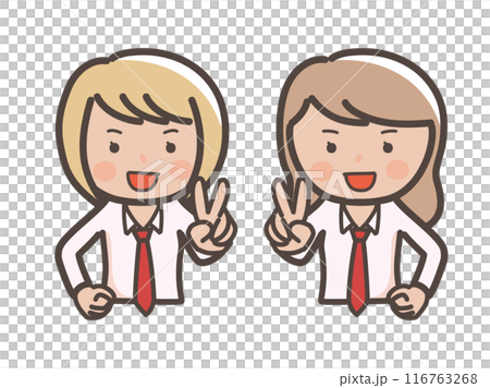Illustration of the upper body of two kogal-style high school girls smiling and making peace signs 116763268