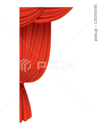 Red curtains realistic. Theater fabric silk decoration for movie cinema or opera hall. Curtains and draperies interior decoration object. Isolated on transparent for theater stage Red curtains realistic. Theater fabric silk decoration for movie cinema or opera hall. Curtains and draperies interior decoration object. Isolated on transparent for theater stage 116763595