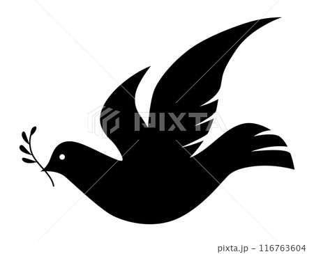 Dove silhouette icon. Black shape of pigeon. Vector flying dove with olive branch on white background 116763604