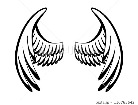 Wings sketch. Stylized birds wings. Hand drawn contoured stiker wing in open position. Vector design elements in coloring style Wings sketch. Stylized birds wings. Hand drawn contoured stiker wing in open position. Vector design elements in coloring style 116763642