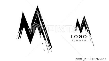Brushstroke handdrawn letter M. Creative modern logo design, grunge imprint stylish initial logotype for corporate branding, business identity, and professional logos. Vector illustration 116763643