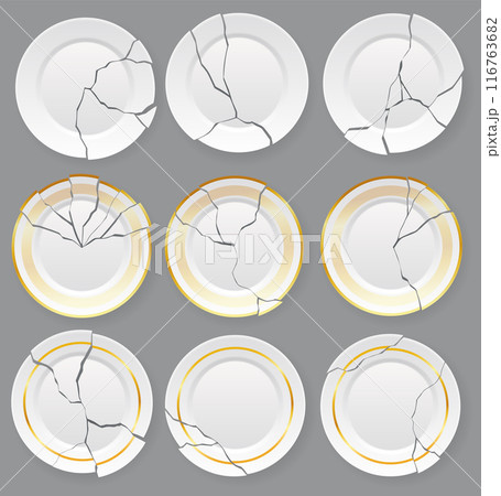 Broken white plates with varying degrees of damage and one whole plate mockup. Shattered food plate. Dishware with damage. Icon isolated on white background. Vector illustration 116763682