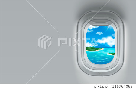 Plane window inside view with island to travel 116764065