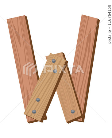 Wooden alphabet font, symbol W. Texture letter isolated on white, vector illustration. Typography typeface made of wooden planks 116764159