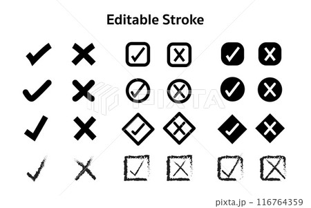 Set of tick check mark icons. Black and white. Sign and symbol vector. Editable Stroke 116764359