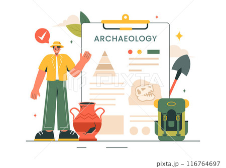 Archaeology Vector Illustration featuring an Archaeological Excavation of Ancient Ruins, Artifacts, and Dinosaur Fossils in a Flat Cartoon Background 116764697