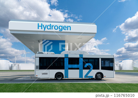 Fuel cell bus at the hydrogen filling station. Concept 116765010