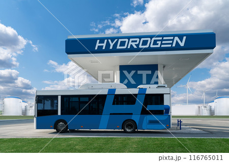 Fuel cell bus at the hydrogen filling station. Concept Fuel cell bus at the hydrogen filling station. Concept 116765011