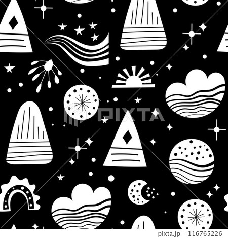 Seamless neo folk art vector pattern with mountains, moon and flowers, black and white floral design. Neo folk style endless background perfect for textile design. 116765226