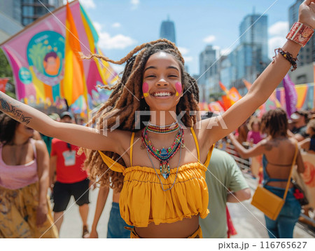 Woman Celebrating at a Street Festival. Generative AI 116765627