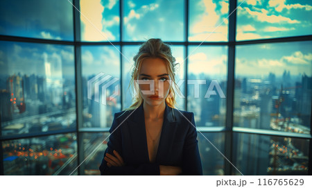 Businesswoman Standing in Office With a Stunning City View, Generative AI 116765629