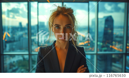 Businesswoman Standing in Office With a Stunning City View, Generative AI 116765630
