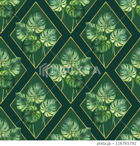 Monstera leaves background, seamless floral pattern with decorative golden rhombus 116765792