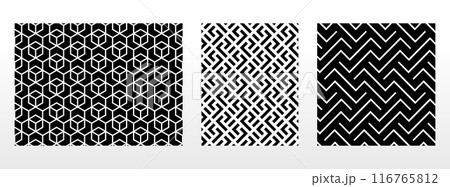 Geometric set of seamless black and white patterns. Simple vector graphics. 116765812