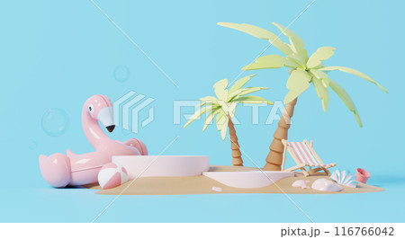 3D render, summer scene with podium for showing product and advertisement, summer background with pink inflatable flamingo and beach on blue background. 116766042