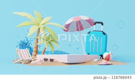 3D render, podium display on sand beach decorate with suitcase, sea, umbrella in summer concept on blue background. 116766043