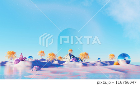 3d Render, Surreal landscape pastel island with golden tree, reflection glass ball and corals over beautiful sky and sea background. 116766047