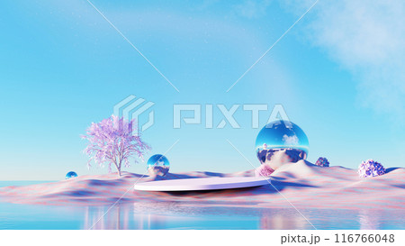 3d Render, Pastel Surreal landscape island with blank podium for showing product, purple tree and glass ball on beautiful cloudy sky background. 116766048