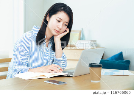 リビングでパソコン作業をする若い女性 リビングでパソコン作業をする若い女性 116766060