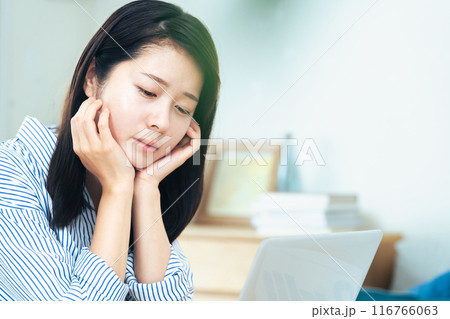 リビングでパソコン作業をする若い女性 116766063