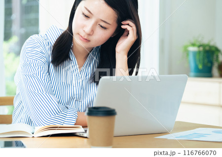 リビングでパソコン作業をする若い女性 リビングでパソコン作業をする若い女性 116766070
