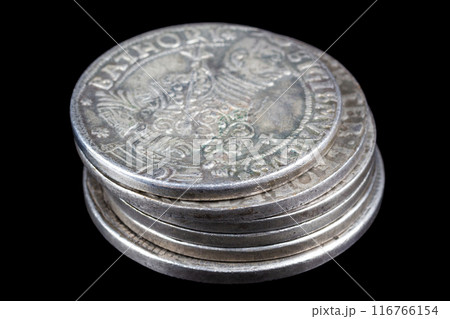 Stack of old vintage silver medieval taller coins 116766154