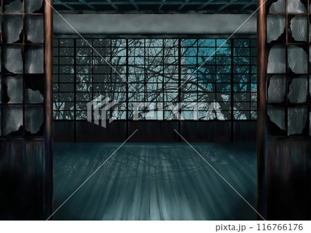 満月が映る床張りの障子のある日本家屋の廃墟 満月が映る床張りの障子のある日本家屋の廃墟 116766176