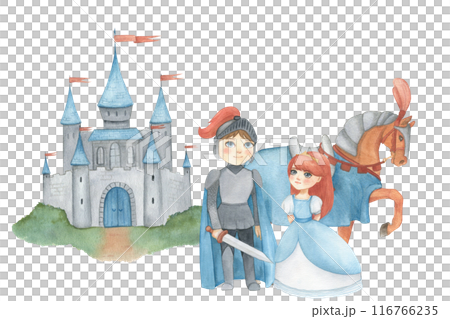 Watercolor illustration of a fantasy prince in blue and gray armor with sword and princess in blue dress, castle. Medieval illustration isolated. For children's room decor, poster, invitation 116766235