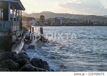 view of the waves of the Mediterranean sea mountains and stones 1 116766679