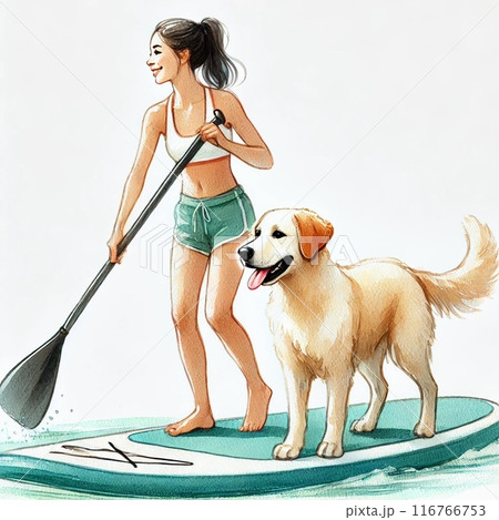 飼い主の女性とSUPを楽しむ犬のイラスト 116766753