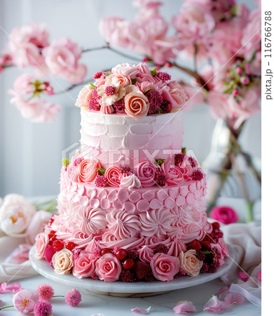 Luxury vibrant monochrome pastel pink wedding cake, wedding celebrations, catering. Romantic design 116766788