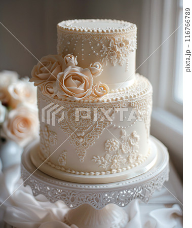 Luxury three tiered cascading floral wedding cake, elegantly decorated white frosting floral accents 116766789