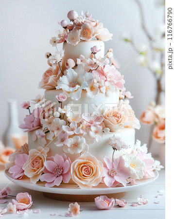 Luxury three tiered cascading floral wedding cake, elegantly decorated white frosting floral accents 116766790