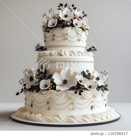 Luxury three tiered wedding cake, elegantly decorated white frosting minimalist floral accents 116766817