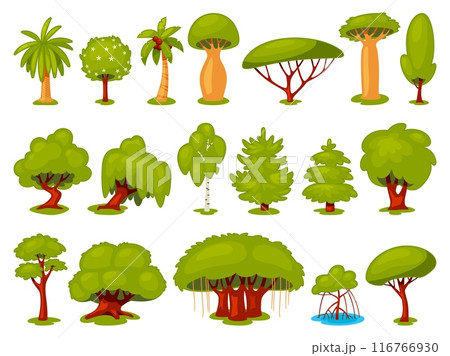 Cartoon deciduous and coniferous trees. Stylized forest botany, different plant species, natural elements of game landscape, park decorative objects, woodland season vector flat isolated set 116766930