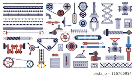 Machinery parts. Mechanisms and industrial elements, technical details, engine elements, robotic gears, buttons, levers, industrial collection, cartoon flat isolated nowaday vector set 116766954