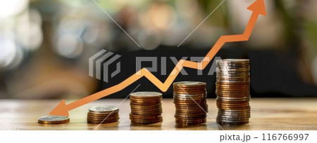 Growing Stacks of Coins with Rising Arrow. Growing Stacks of Coins with Rising Arrow. 116766997