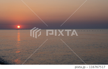 Sunset at the sea. Evening sun and path. Beautiful sky. Landscape on the coast. Ocean shore. Dawn. Nature. A flock of ducks is flying south on the horizon. Relaxation and culm Sunset at the sea. Evening sun and path. Beautiful sky. Landscape on the coast. Ocean shore. Dawn. Nature. A flock of ducks is flying south on the horizon. Relaxation and culm 116767517