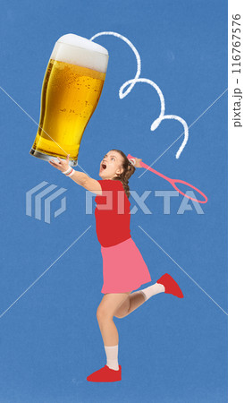 Poster. Contemporary art collage. Tennis player serves giant beer glass instead of ball against blue background with motion lines. Funky artwork. 116767576