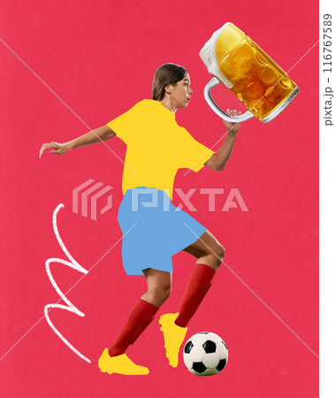 Poster. Contemporary art collage. Focused on game female soccer player dribbling ball in motion and holding glass of beer. Funky artwork. Poster. Contemporary art collage. Focused on game female soccer player dribbling ball in motion and holding glass of beer. Funky artwork. 116767589