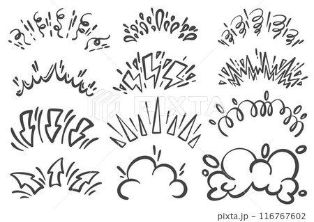 Cartoon comic bomb bang explosion effect. Vector burst with splashes and smoke elements. Doodle speed lines and pow clouds. Hand drawn fire lightning and arrows sketch Cartoon comic bomb bang explosion effect. Vector burst with splashes and smoke elements. Doodle speed lines and pow clouds. Hand drawn fire lightning and arrows sketch 116767602
