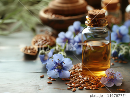 Bottle flaxseed oil surrounded flax seeds and blue flax flowers, with rustic wooden background. 116767774