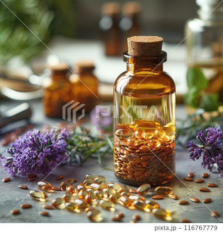 Glass bottle flaxseed capsules oil, placed beside small bowl of flax seeds on light colored surface 116767779