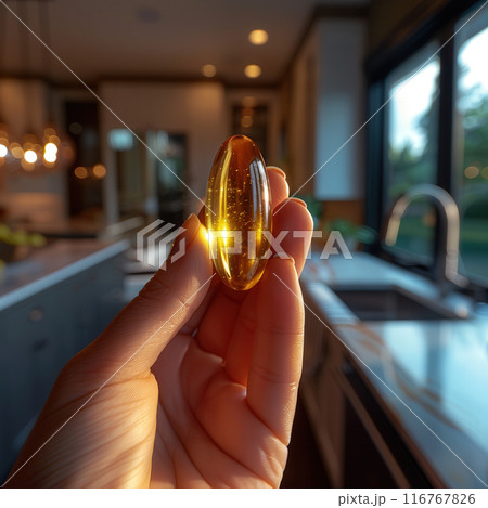 Hand holding single olive oil capsules, few capsules spilled out, set against blurred background Hand holding single olive oil capsules, few capsules spilled out, set against blurred background 116767826